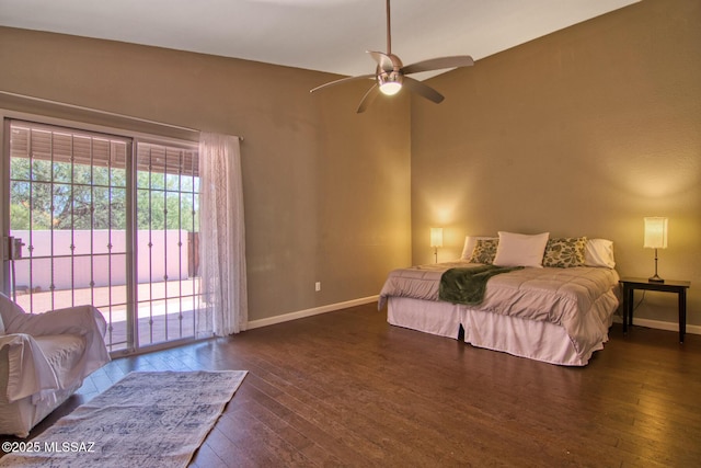 7146 E Sabino Vista Cir, Tucson, AZ 85750 - bedroom featuring access to exterior, baseboards, hardwood / wood-style floors, and ceiling fan