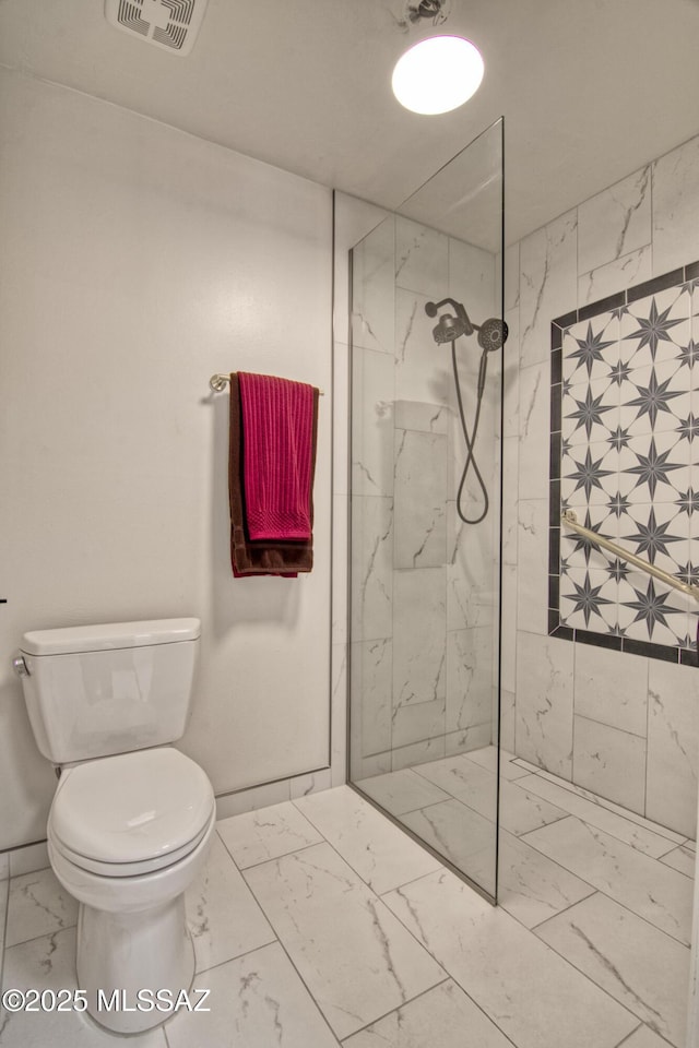7146 E Sabino Vista Cir, Tucson, AZ 85750 - full bathroom with marble look tile flooring, toilet, and a marble finish shower