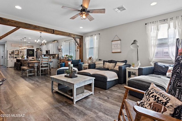 14233 E Hub Dr, Vail, AZ 85641 - living room featuring a ceiling fan, wood finished floors, a chandelier, recessed lighting, and beam ceiling