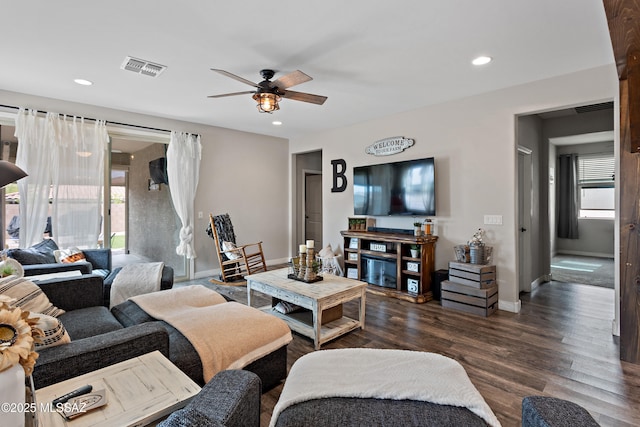 14233 E Hub Dr, Vail, AZ 85641 - living room featuring a ceiling fan, dark wood finished floors, recessed lighting, and baseboards
