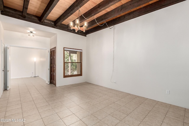 empty room featuring wooden ceiling, beam ceiling, a chandelier, and light tile patterned floors