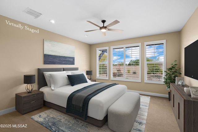 60922 E Arbor Basin Rd, Oracle, AZ 85623 - bedroom featuring baseboards, light colored carpet, recessed lighting, and ceiling fan