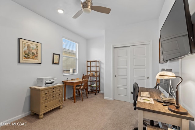 7138 W Ferntree Ln, Tucson, AZ 85757 - office area featuring ceiling fan, light carpet, baseboards, and recessed lighting