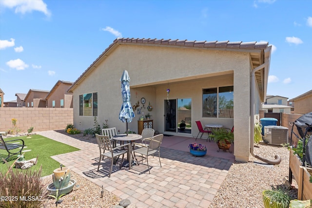 7138 W Ferntree Ln, Tucson, AZ 85757 - rear view of property with stucco siding, central AC unit, fence, and a patio