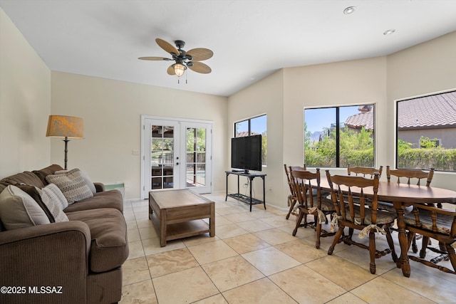 11300 N Scioto Ave, Oro Valley, AZ 85737 - living area featuring french doors, a ceiling fan, light tile patterned floors, baseboards, and recessed lighting