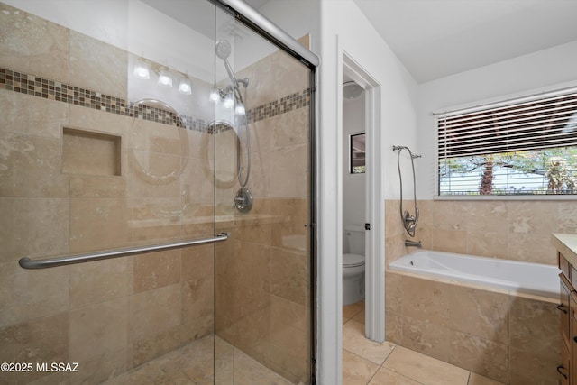 11300 N Scioto Ave, Oro Valley, AZ 85737 - bathroom with a shower stall, toilet, vanity, tile patterned flooring, and tiled tub