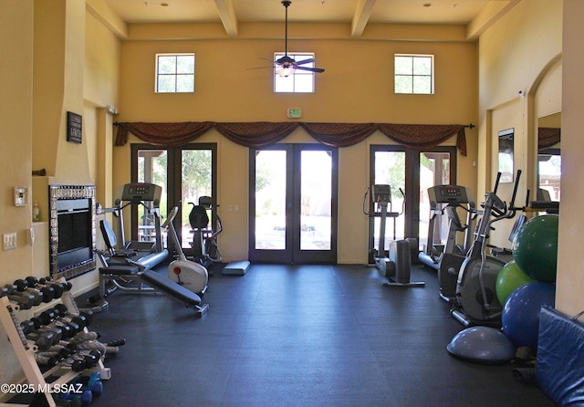 2125 Embarcadero Way, Tubac, AZ 85646 - workout area with french doors, a high ceiling, ceiling fan, plenty of natural light, and beam ceiling