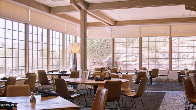 14198 N Gallery Pl, Marana, AZ 85658 - dining space featuring beamed ceiling and floor to ceiling windows