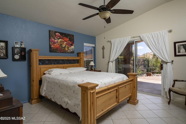 2246 E Amaranth St, Oro Valley, AZ 85755 - bedroom with lofted ceiling, access to outside, light tile patterned floors, and a ceiling fan