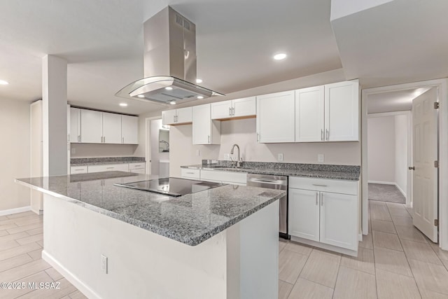 7932 E Winnepeg Dr, Tucson, AZ 85730 - kitchen with island exhaust hood, black electric stovetop, stainless steel dishwasher, a sink, and white cabinetry