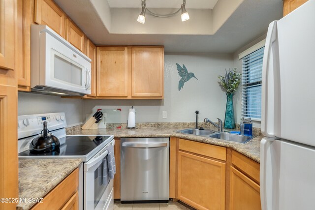 5855 N Kolb Rd Unit 1102, Tucson, AZ 85750 - kitchen with white appliances, a sink, a raised ceiling, and light countertops