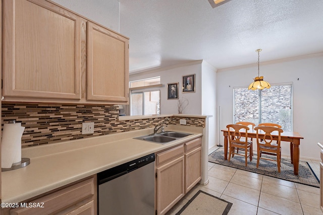 7050 E Sunrise Dr Unit 12106, Tucson, AZ 85750 - kitchen featuring stainless steel dishwasher, light brown cabinets, a sink, decorative backsplash, and crown molding