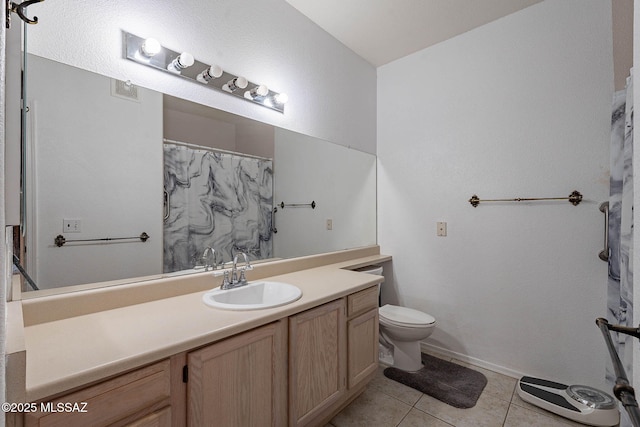 7050 E Sunrise Dr Unit 12106, Tucson, AZ 85750 - bathroom with tile patterned flooring, vanity, toilet, baseboards, and a shower with shower curtain