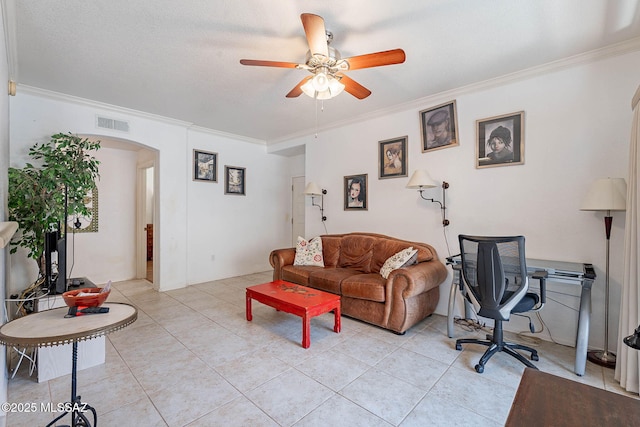 7050 E Sunrise Dr Unit 12106, Tucson, AZ 85750 - living area with arched walkways, crown molding, a ceiling fan, and light tile patterned flooring