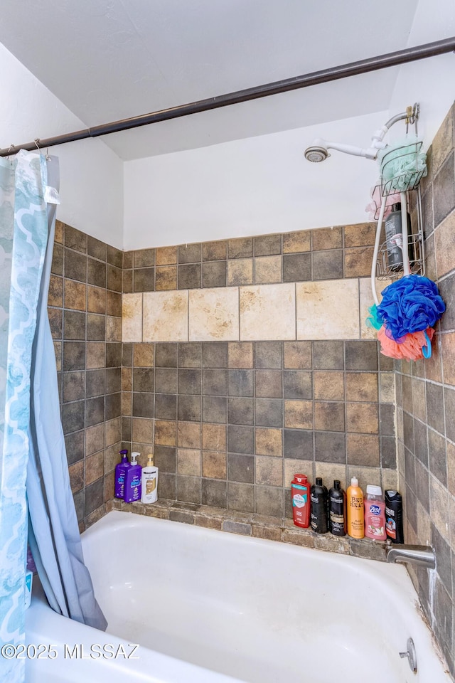 full bathroom with shower / bathtub combination with curtain