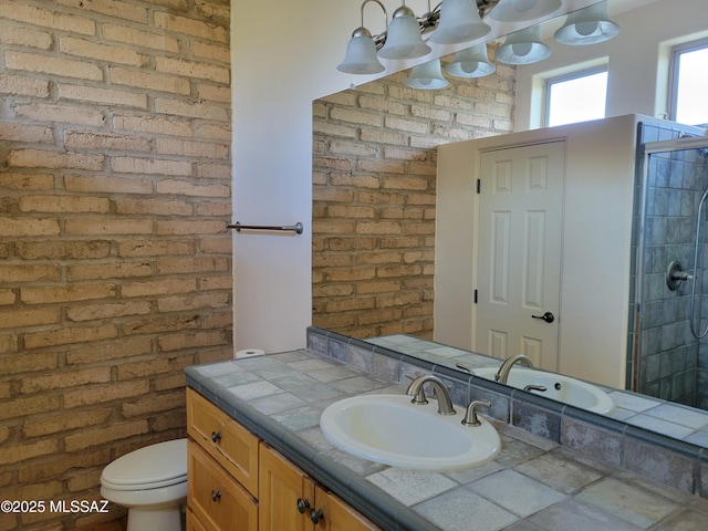 3025 N Gaia Pl, Tucson, AZ 85745 - bathroom with brick wall, tiled shower, vanity, and toilet