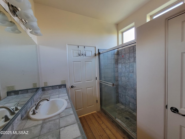 3025 N Gaia Pl, Tucson, AZ 85745 - full bath featuring a shower stall, hardwood / wood-style floors, and vanity