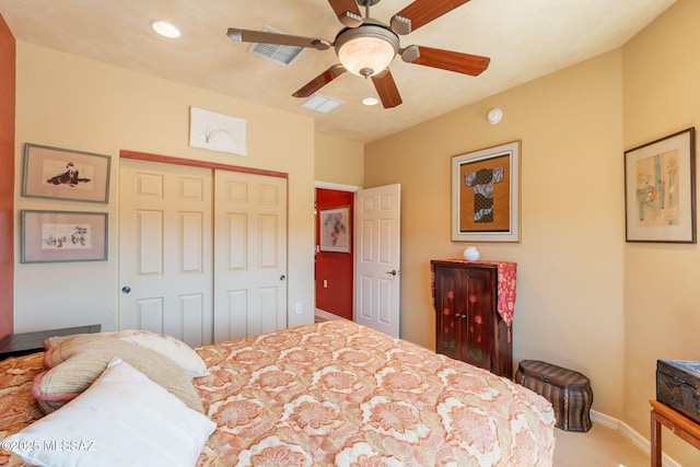 2337 S Via Vespucci, Green Valley, AZ 85614 - bedroom with carpet flooring, a closet, recessed lighting, baseboards, and ceiling fan