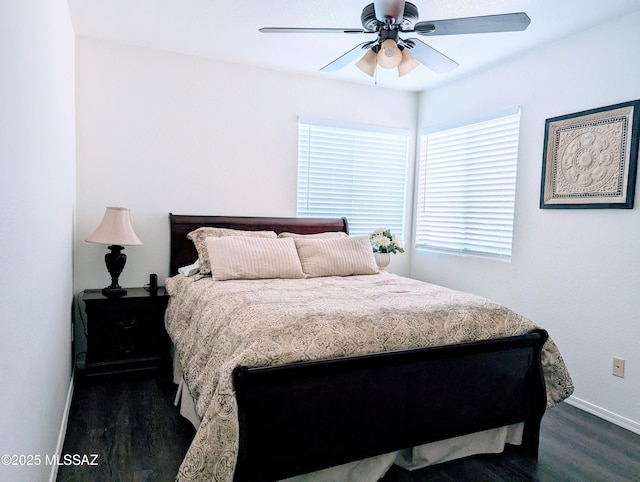 2866 W Medallion Dr, Tucson, AZ 85741 - bedroom featuring baseboards, dark wood-type flooring, and ceiling fan