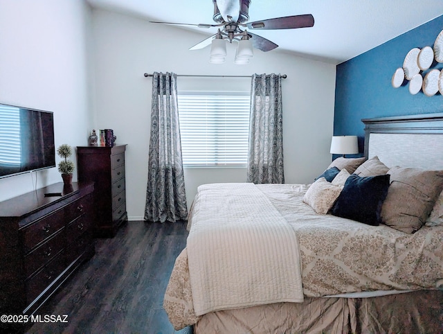 2866 W Medallion Dr, Tucson, AZ 85741 - bedroom featuring wood finished floors, a ceiling fan, and vaulted ceiling