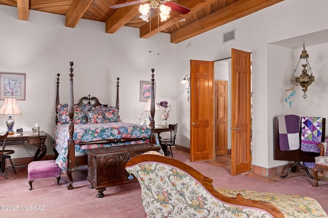 bedroom with wood ceiling, carpet flooring, and beamed ceiling