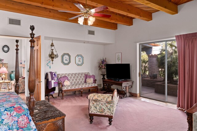 carpeted bedroom featuring access to outside, beam ceiling, wood ceiling, and ceiling fan