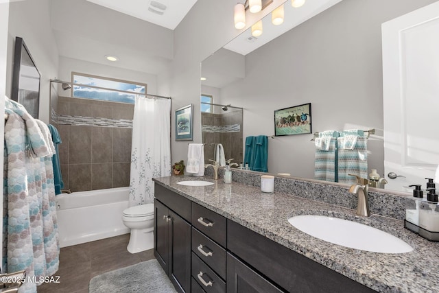 66450 E Sundance Pl, Saddlebrooke, AZ 85739 - full bath featuring shower / bath combination with curtain, toilet, tile patterned flooring, and double vanity