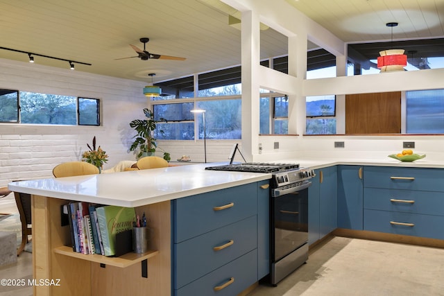 6714 E Topke St, Tucson, AZ 85715 - kitchen with stainless steel range with gas cooktop, blue cabinetry, rail lighting, wooden ceiling, and ceiling fan