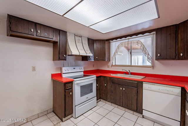 3531 W Goret Rd, Tucson, AZ 85745 - kitchen featuring white appliances, custom exhaust hood, a sink, and dark brown cabinets