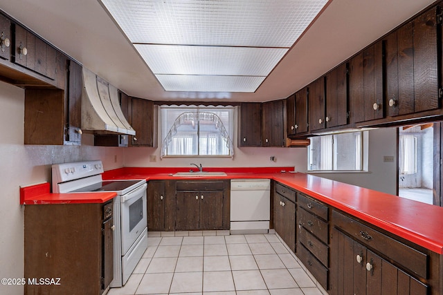 3531 W Goret Rd, Tucson, AZ 85745 - kitchen featuring white appliances, range hood, a sink, light tile patterned flooring, and dark brown cabinets