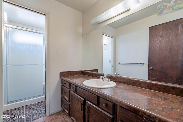 3531 W Goret Rd, Tucson, AZ 85745 - bathroom featuring a shower stall, vanity, tile patterned floors, and baseboards