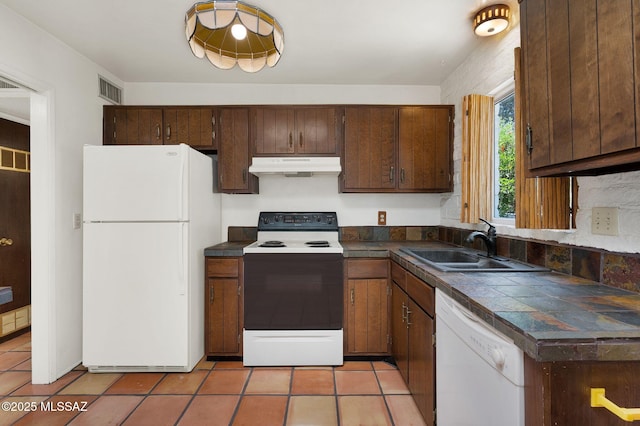 708 W Roller Coaster Rd, Tucson, AZ 85704 - kitchen with white appliances, under cabinet range hood, a sink, and light tile patterned flooring