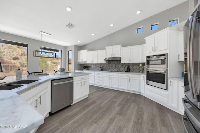 63370 E Whispering Tree Ln, Saddlebrooke, AZ 85739 - kitchen with appliances with stainless steel finishes, backsplash, under cabinet range hood, recessed lighting, and a sink