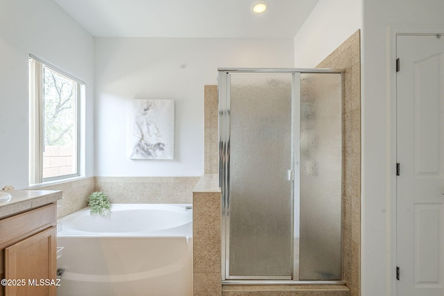 825 E Gunsight Mountain Pl, Sahuarita, AZ 85629 - bathroom with a garden tub, a shower stall, and vanity