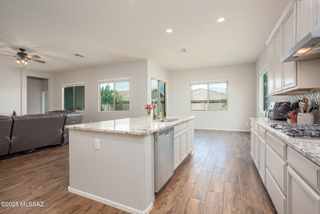 12493 N Blondin Dr, Marana, AZ 85653 - kitchen with stainless steel appliances, a sink, exhaust hood, dark wood-style floors, and recessed lighting