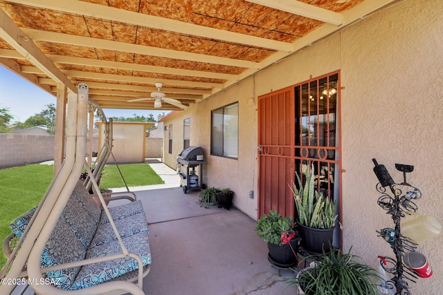 1861 W Sauvignon Dr, Tucson, AZ 85746 - view of patio / terrace featuring a fenced backyard, ceiling fan, and area for grilling