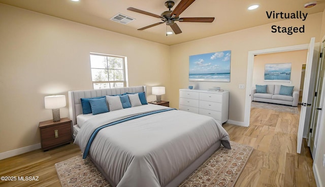 352 W Lee Trl, Safford, AZ 85546 - bedroom with baseboards, light wood-type flooring, recessed lighting, and a ceiling fan