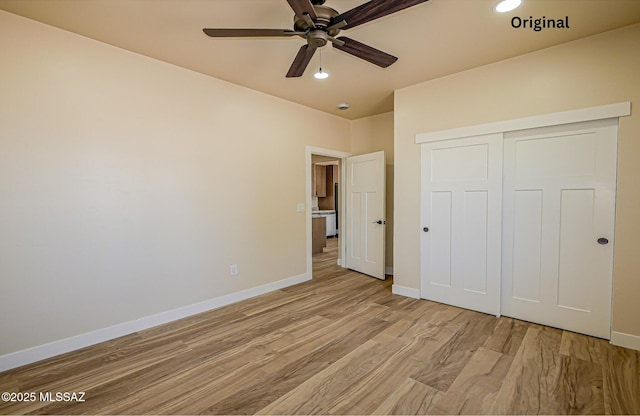 352 W Lee Trl, Safford, AZ 85546 - unfurnished bedroom featuring baseboards, light wood finished floors, a closet, recessed lighting, and ceiling fan