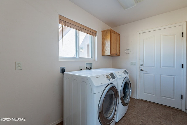 1176 W Trigger Ln, Cochise, AZ 85606 - clothes washing area featuring cabinet space, washing machine and clothes dryer, and tile patterned flooring