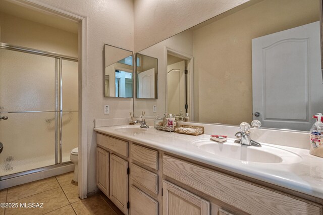 1797 W Naranja Dr, Oro Valley, AZ 85737 - full bathroom featuring a shower stall, tile patterned floors, toilet, and double vanity