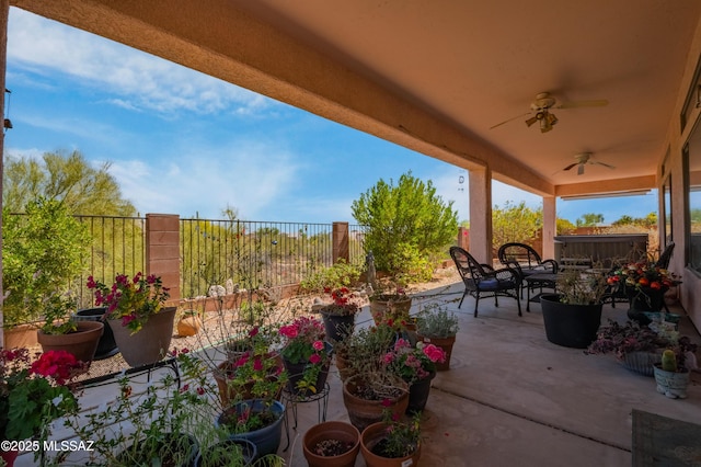 1797 W Naranja Dr, Oro Valley, AZ 85737 - view of patio featuring a ceiling fan, a fenced backyard, and outdoor dining area