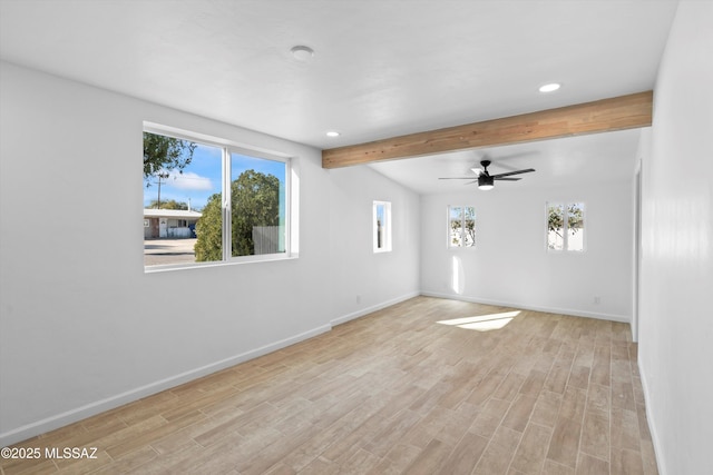 5011 E Scarlett St, Tucson, AZ 85711 - unfurnished living room with recessed lighting, baseboards, beam ceiling, light wood-style floors, and a ceiling fan