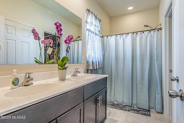 12625 N Wildrose Dr, Marana, AZ 85653 - bathroom featuring tile patterned floors, double vanity, a shower with curtain, and recessed lighting