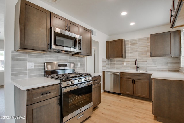kitchen featuring appliances with stainless steel finishes, a sink, light wood-style floors, light countertops, and decorative backsplash