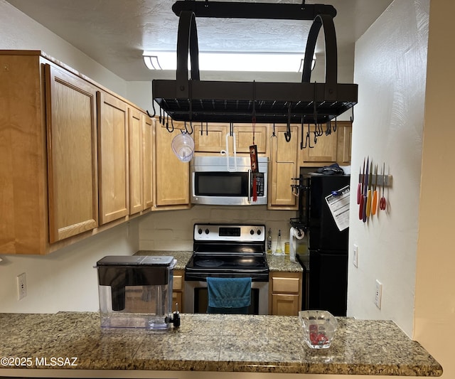 kitchen with stainless steel appliances, stone counters, and a peninsula