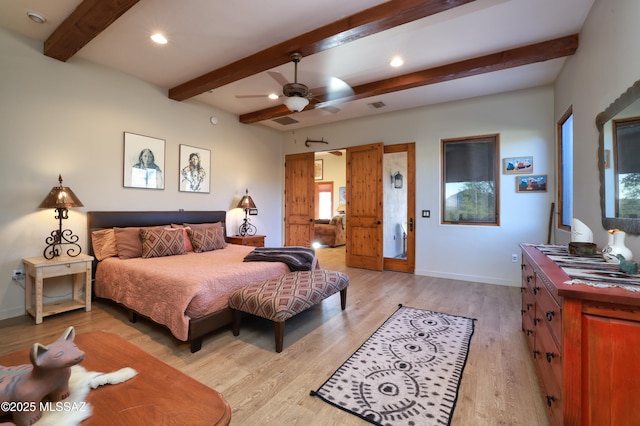12800 W Arivaca Rd, Amado, AZ 85645 - bedroom with beamed ceiling, baseboards, light wood finished floors, recessed lighting, and ceiling fan