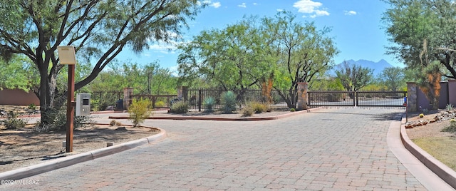 432 N Heritage Point Pl, Sahuarita, AZ 85629 - view of decorative street with curbs, a gate, a mountain view, and a gated entry