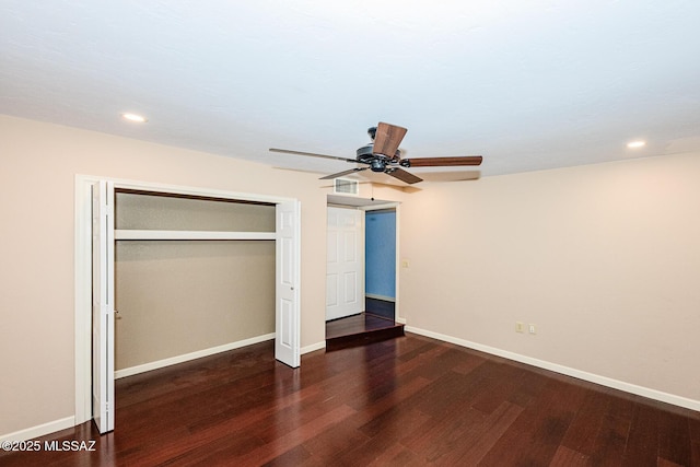 2607 E Adams St, Tucson, AZ 85716 - unfurnished bedroom with wood finished floors, a closet, baseboards, recessed lighting, and a ceiling fan