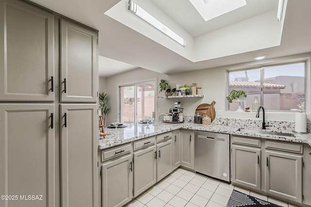 2756 S Via Del Bac, Green Valley, AZ 85622 - kitchen featuring dishwasher, a sink, a skylight, light tile patterned floors, and gray cabinets