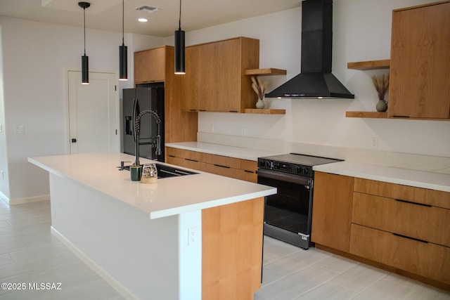 481 Calle Cipres, Rio Rico, AZ 85648 - kitchen with open shelves, black appliances, wall chimney range hood, a sink, and recessed lighting